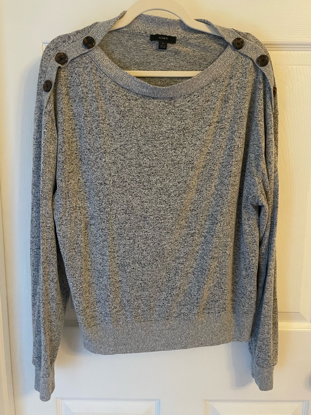J. Crew Light Gray Button-Shoulder Crewneck Sweater